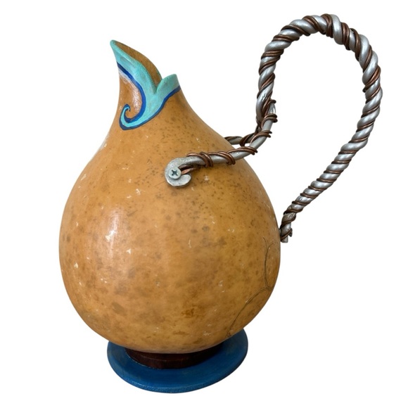 Hand Painted Gourd Pitcher Jug Signed Pink Dogwood Flowers - Picture 3 of 7